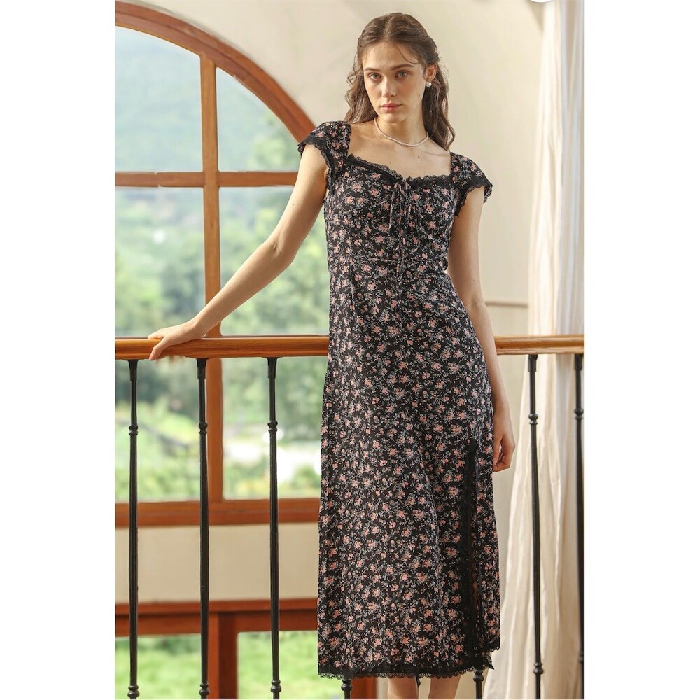 Rosie Posie Dress Womens M Black Ditsy Floral Midi Square Neck Lace Trim - Picture 5 of 7